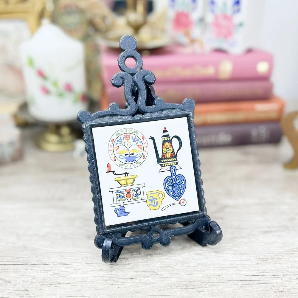 Vintage Cast Iron Ceramic Tile Trivet Japan Folk Art Scandinavian Kitchen Decor